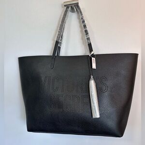 Victoria's Secret Laser Cut Perforated Logo Black Tote Bag w/ Silver Tassel